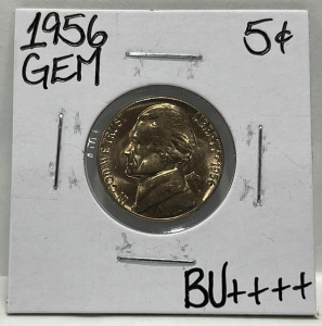 (1) 1956 Gem BU ++++ Vintage Jefferson Nickel Carded