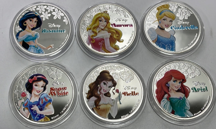 (6) Disney Princess Collectable Coins… Jasmine, Aurora, Cinderella, Snow White, Belle, Ariel