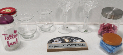 (2) Crystal Glasses, Canisters, (2) Glass Vases, Coffee Sign