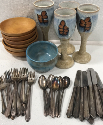 (4) Ceramic Stemmed Cups (6) Wood Bowls (16) Forks (10) Spoons (11) Knives (1) Ceramic Bowl