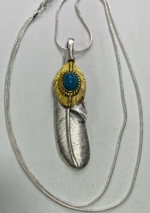 (1) Tibetan Silver Feather Turquoise Inset W/ .925 Necklace