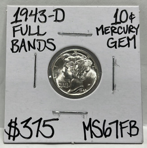 (1) 1943-D MS67FB Full Bands Mercury Silver Dime Carded