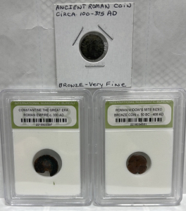 (1) Constantine The Great Era Roman Empire Coin c. 300 AD, (1) Roman Widows Mite Sized Bronze Coin c. 50 BC - 400 AD, (1) Ancient Bronze Roman Coin c. 100 - 375 AD Very Fine