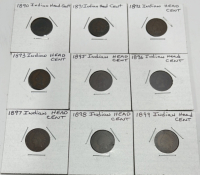 (9) Indian Head Cents Dated 1890-1899 Carded