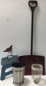 Shovel, Step Stool, Glass Vase, Trash Bin, Bird Garden Stake