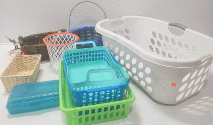 White Laundry Basket, Assorted Storage Baskets