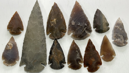 (10) Jasper Handcarved Arrowheads 1.6”-2.7” Long, (1) Jasper Handcarved Spearpoint 4.75” Long