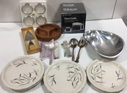 Serving Dish, Glass Carafe, Wooden Serving Dish, Pie Sever, Assorted Utinsils, Decorative Plates, Crystal Coasters