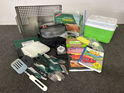 Camping Gear Including: Utensils, Fire Blanket, Traeger Grill, and More