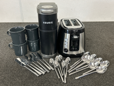 Keurig Coffee Maker, New Toaster, set Of 4 Mugs and Silverware