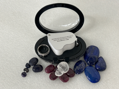 Jewelers Loupe, Ring Size 6, Crystal Skull, and Gemstones