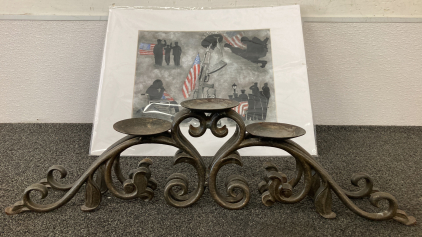 Cast Iron Candle Holder And Army Remembrance Print