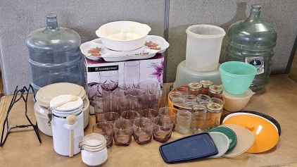 16pc Set Glasses, 5gal Water Jugs, Jelly Jars, Tupperware, More