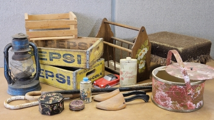 Vintage Wood Soda Bottle Crates, Tins, Lantern, Hat Box, More