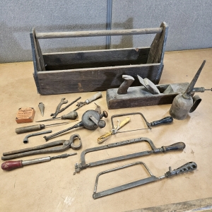 Vintage Lapping Tool, Oil Can, Planer, & Hand Tools in Tool Caddy