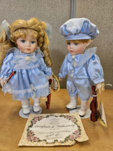 Crowne Abra & Albert 13" Porcelain Dolls w/ instruments & Stands