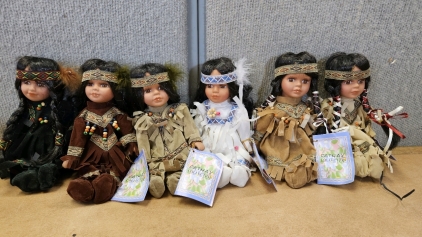 Cathay Native American 9" Porcelain Dolls w/ Basket