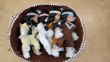 Cathay Native American 9" Porcelain Dolls w/ Basket