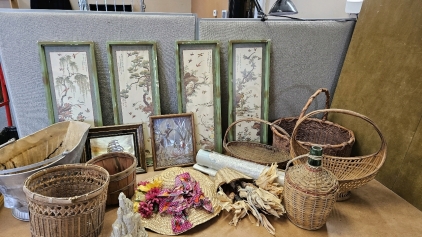 Framed Wall Decor, Baskets, Vintage Coal Bucket, More