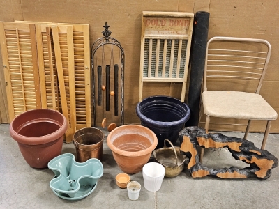 Planters, Vintage Washboard, (4) 9x32" Panel Shutters, Wind Chime w/ Stand, Folding Chair