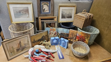 Paintings & Prints, Frames, Baskets, Wax Molds w/ Old Candles
