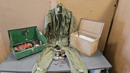 18" Camp Stove, Mini Camp Stove in a Can, Men's Medium Denim Overalls, Insulated Bait Box