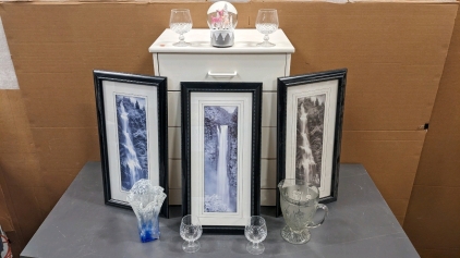 Framed Waterfall Prints, Crystal Goblets, 4-Drawer Storage Chest, More