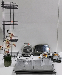 Hanging Shoe Wrack, Decorative Fake Plant, Everhart Heater, Car Mirror, (2) Stuffed Graduation Elephants, Metal Stand Rack
