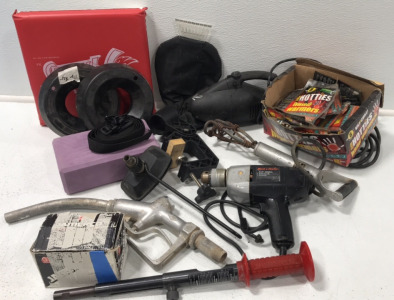 Hand Warmers; Black & Decker Drill; Jamerco Power Hammer and Fasteners; Electric Brander; Motor Flush; Stadium Cushion; Clamp; Gas Pump Nozzle; Windshield Scraper; Car Vacuum