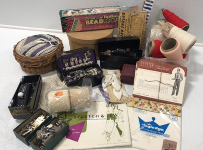 (7) Boxes of Attachments (1) American Indian Bead Loom (9) Assorted Threads (1) Vintage Sewing Thread Kit (1) Sewing Basket and more