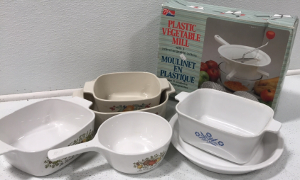 (6) Corning Ware (1) Plastic Vegetable Mill