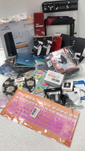 (1) Arris Wi-Fi Cable Modem (2) Dual Charger Dock (1) Book Light (1) Metal Stand (1) Large Extended Mouse Pad (1) 10pack Waterproof Pouches (1) Keyboard Cover (5) Mouse Pads (1) USB Cable (1) 3 in 1 Magnetic Phone Charger &hellip; and more