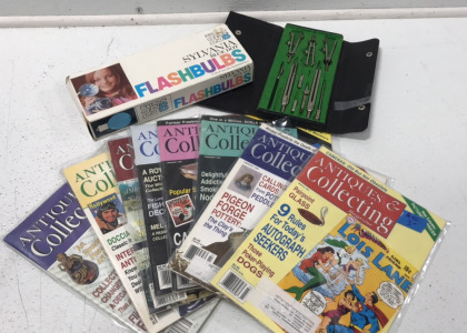 (8) 90&rsquo;s Antiques and Collecting Magazines (1) Sylvania Flash Bulbs (1) Compass Set