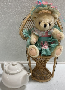 Teddy Bear on Wicker Chair, Ceramic Tea Pot