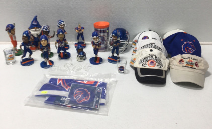 (9) Boise State Bobble Heads, (2) Boise State Shot Glasses, (1) Boise State Cup With Lid, (6) Boise State Ball Caps