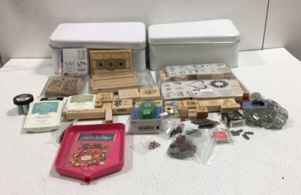 Assortment of Rubber Stamps, Containers for Stamps, Other Stamp Supplies