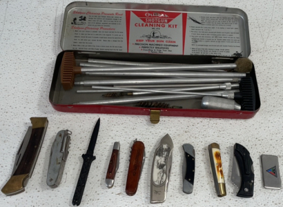 Vintage Shotgun Cleaning Kit (12 Ga.) And (10) Different Pocket Knives