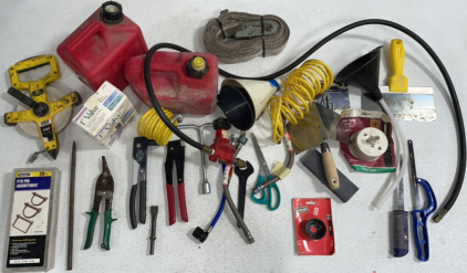 (2) Gas Cans, Water Pump, 100&rsquo; Tape Measure, And Various Hoses, Funnels, Drill Bits, Hand Tools, Trowels, And Much More!