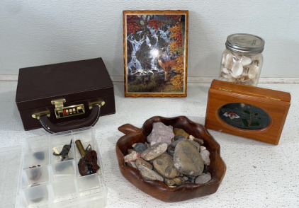 Various Rocks and Sea Shells, Small Collectables, Small Lock Box, Jewlery Box, and More!