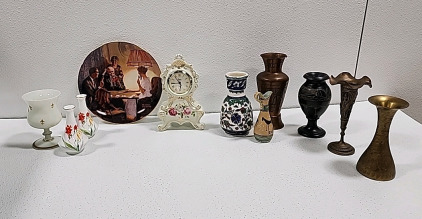Collection of Small Vases, A Norman Rockwell Plate, and a Decorative Clock