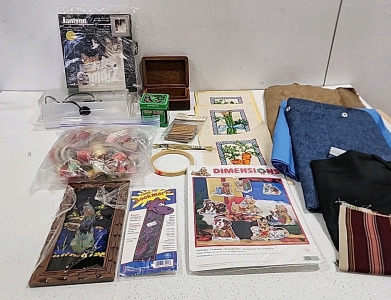 Cross Stitch Supplies, Assorted Fabrics, Small Plug in Light, Picture Made from A Feather, Small Wooden Box