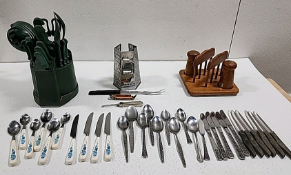 Assorted Utensils, Cheese Grater, Salt/Pepper Napkin Holder, Knife Block with Utinsils