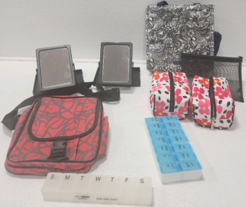 (2) Cosmetic Bags, (2) Lunch Bags, (2) Mary Kay Mirrors, (2) Pill Organizers