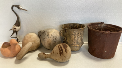 (2) Rustic Garden Buckets, (3) Decor Gourds, (1) Duck Planter, (1) Bird Yard Art