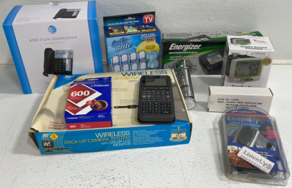 Various Older Electronics Including Land Line, 10 LED Lights, Energizer* Battery Charger, Wireless Back-Up Camera System, And More!