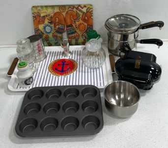 Various Kitchenware Including Grilling Machine, Festive Glassware, (2) Cupcake Tray, Cutting Board, Large Serving Tray, And More!