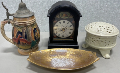 (1) Western Gallery Stein, (1) Desktop Clock, (1) Creameare Collection China, (1) Brass Toned Porcelain Tray