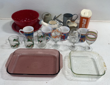 Various Dishes Including Festive Mugs And Glasses, Pyrex, Matching Large Plate And Bowl, (3) Water Can, And Decortive Candle Holder