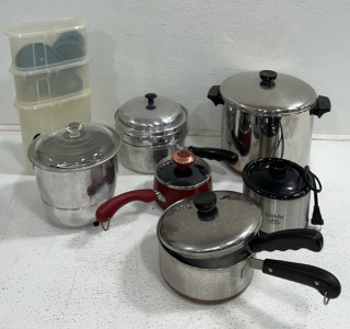 Various Pots, Plastic Canisters, Mini Fondue Crock Pot, Melting Pot, And More!