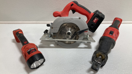 (3) Cordless Milwaukee Tools: Skillsaw, Sawsall, Work Light